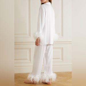 SLEEPER WHITE Feather-trimmed twill PAJAMA SET OSTRICH FEATHERS XL